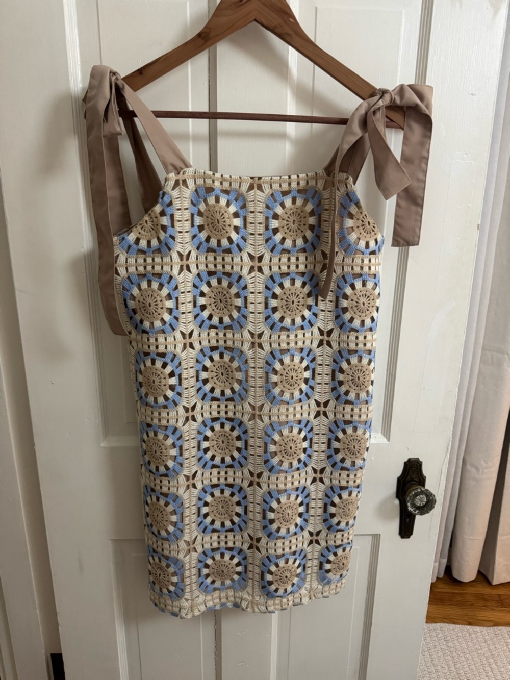 Crochet Sundress with Tie Straps - Beige Blue